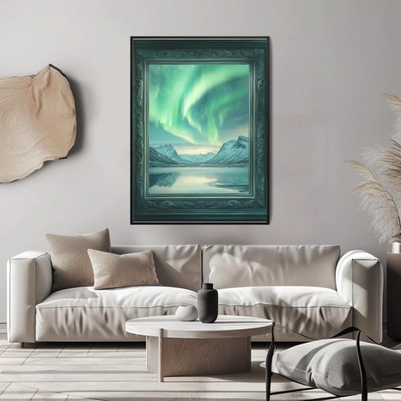 Aurora Borealis Vertical Poster Snowy Landscape Wall Art Vintage Ornate Frame Print Magical Home Decor Northern Lights Artwork Winter