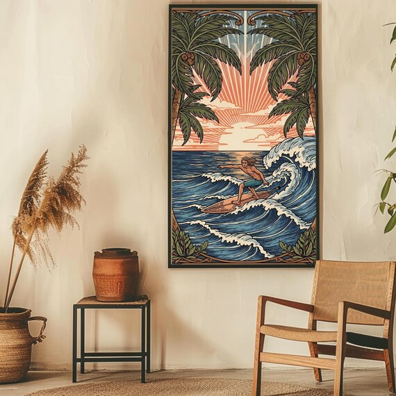 William Morris Style Surf Art Print With Palm Trees Inspired Design Tropical Adventure Decor Ocean Scene Poster
