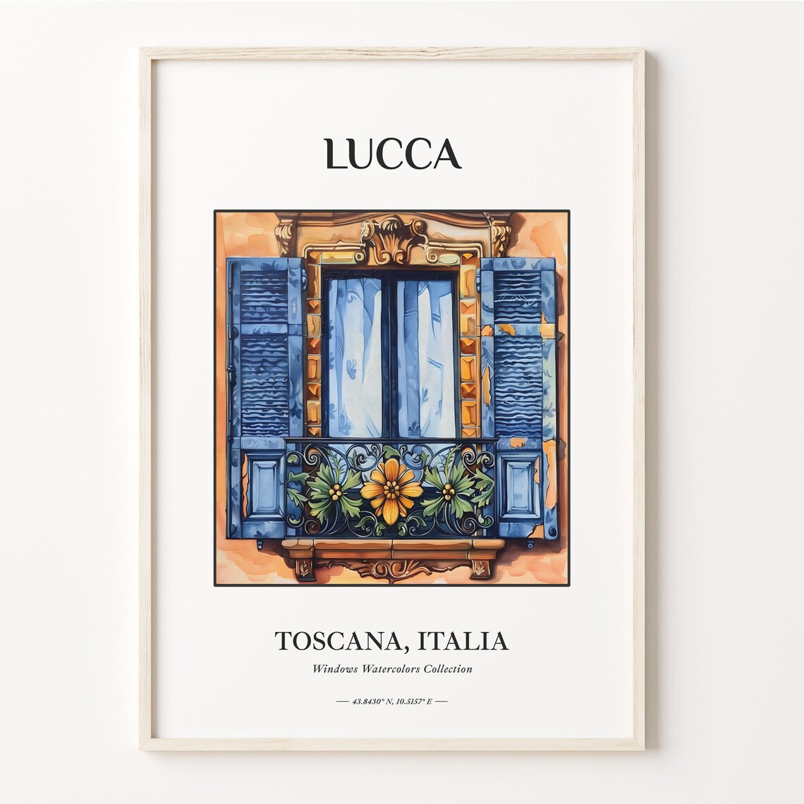 Lucca Tuscany Italy Blue Shuttered Window Watercolor Art Poster