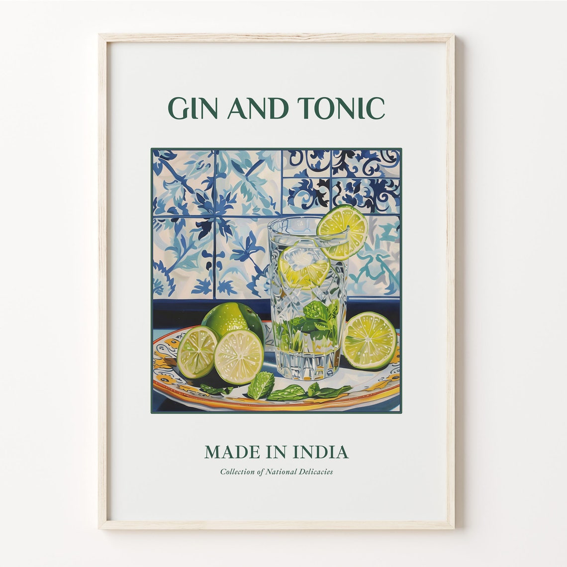 Gin And Tonic Cocktail Lime Mint Blue Tile Indian Bar Decor Poster