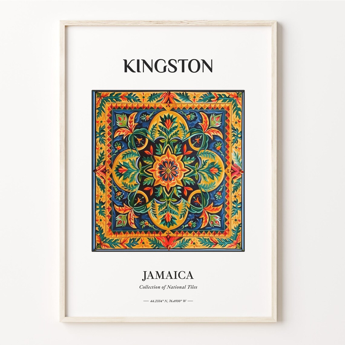 Kingston Jamaica Tropical Floral Tile Medallion Art Travel Poster