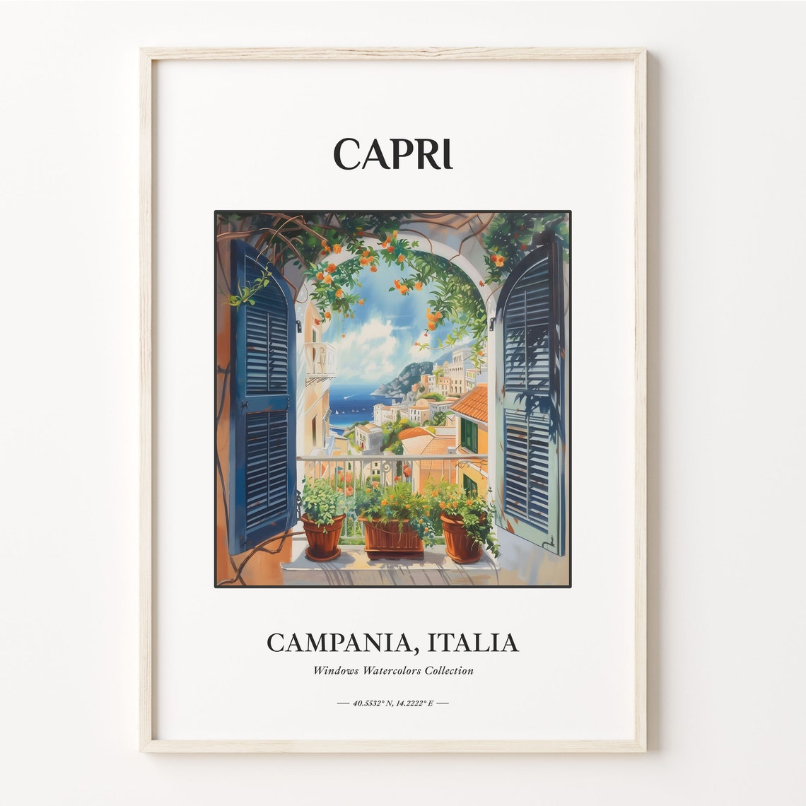 Capri Italy Watercolor Window Shutter Coastal View Travel Poster