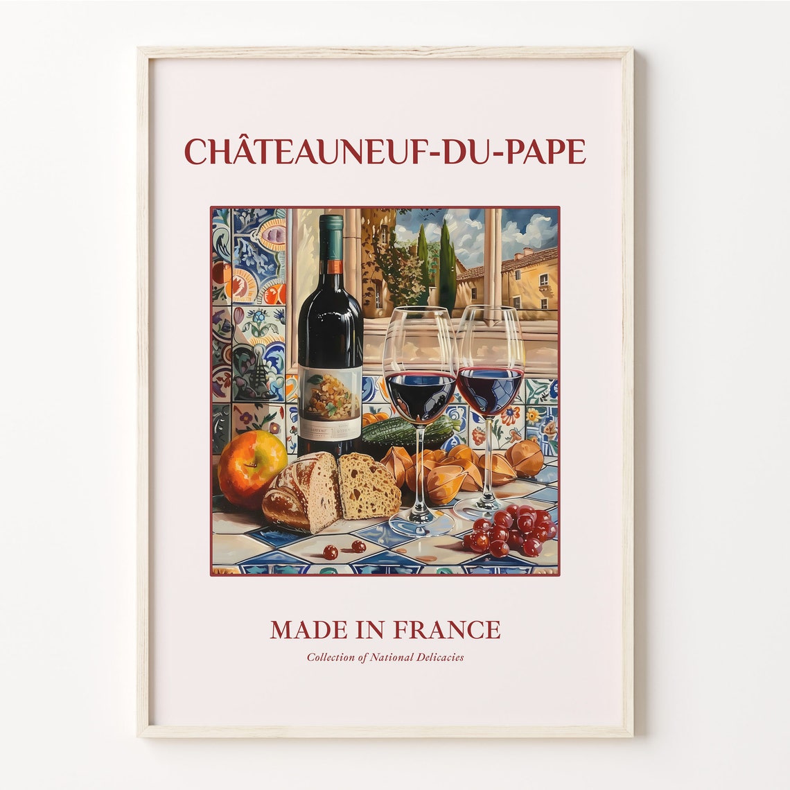 Chateauneuf Du Pape French Wine Bread Grapes Still Life Kitchen Poster