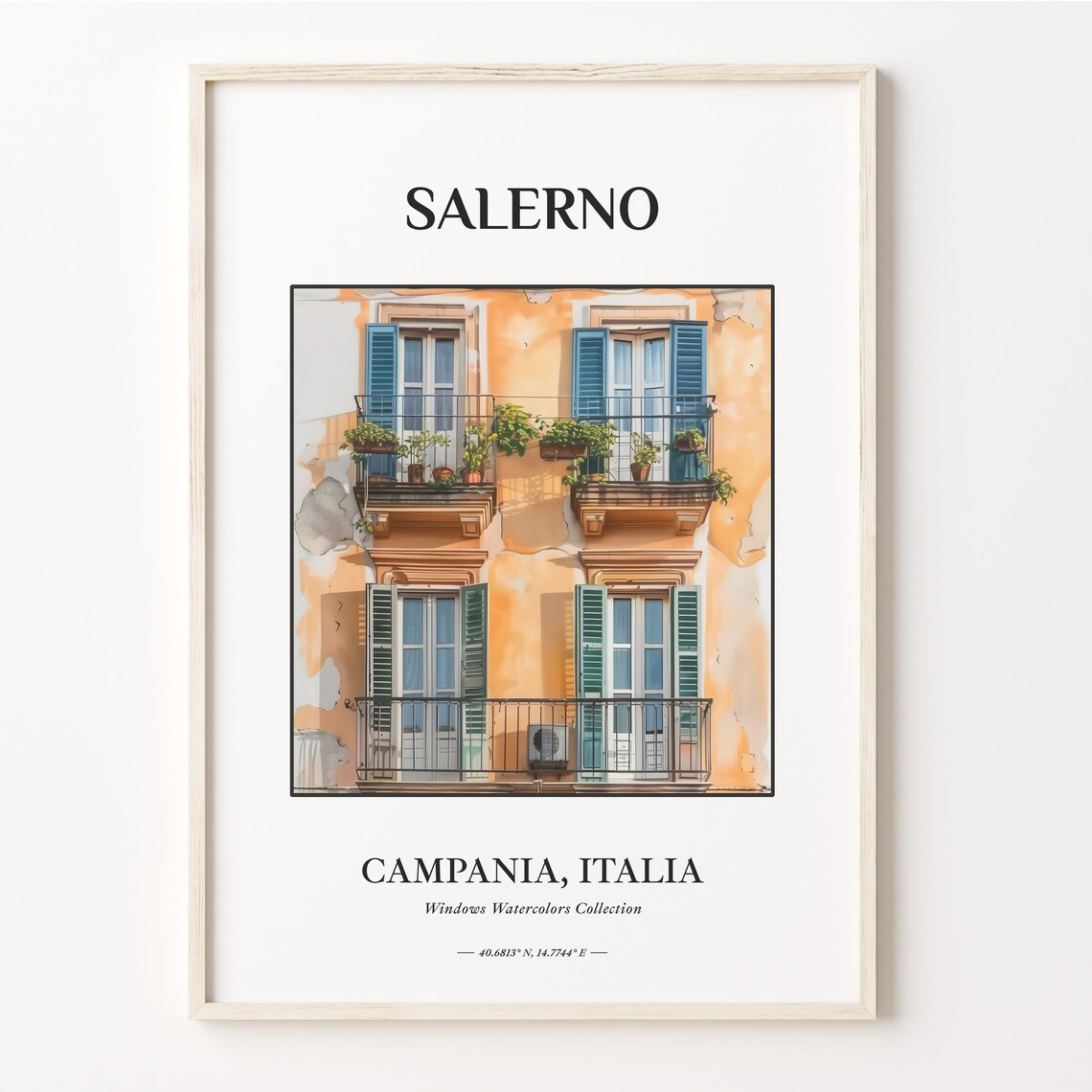 Salerno Italy Sunlit Balcony Facade Watercolor Home Decor Poster