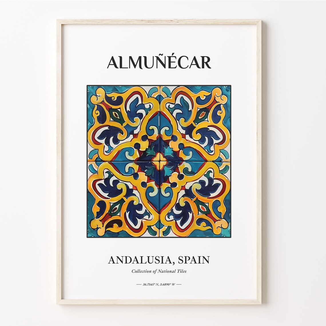 Almunecar Andalusia Tile Poster with Colorful Moorish Swirl Motif
