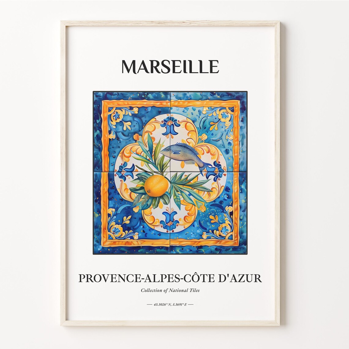 Marseille Provence French Fish Orange Blue Gold Tile Decor Poster
