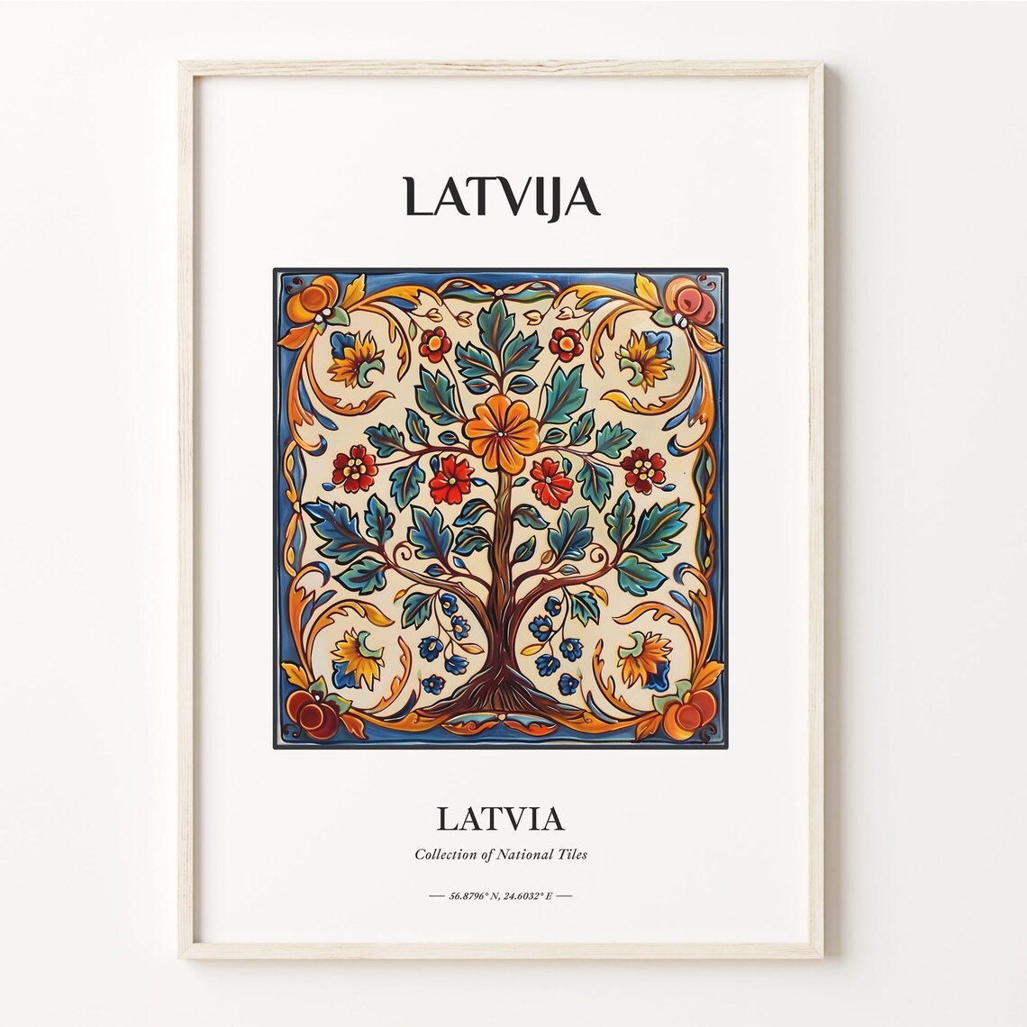 Latvija Latvia Tree Of Life Folk Art Floral Tile Pattern Poster