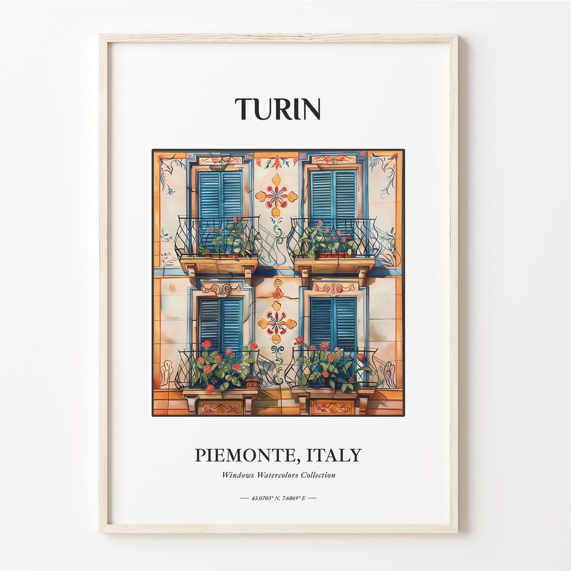 Turin Piemonte Italy Watercolor Facade Blue Shutters Roses Poster