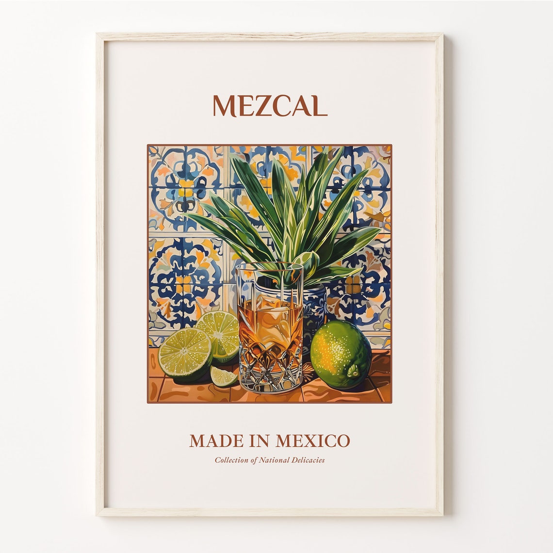 Mezcal Maiolica Tile Print Traditional Mexican Drink Poster Kitchen Bar Wall Art Vintage Style Decor