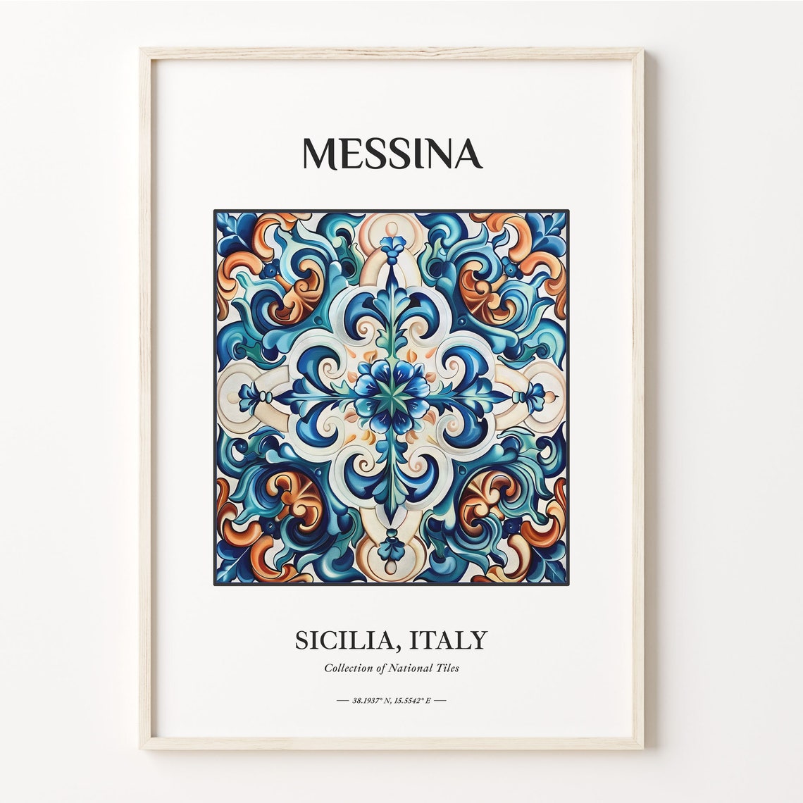 Messina Sicilia Italy Teal Blue Scrollwork Tile Pattern Poster