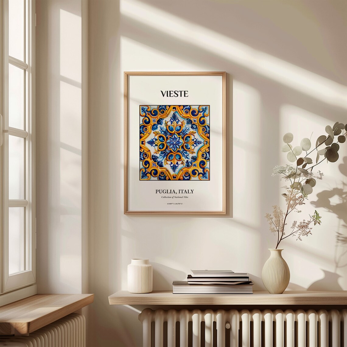 Vieste Puglia Italy Tile Poster with Blue Gold Baroque Swirl - Image 3