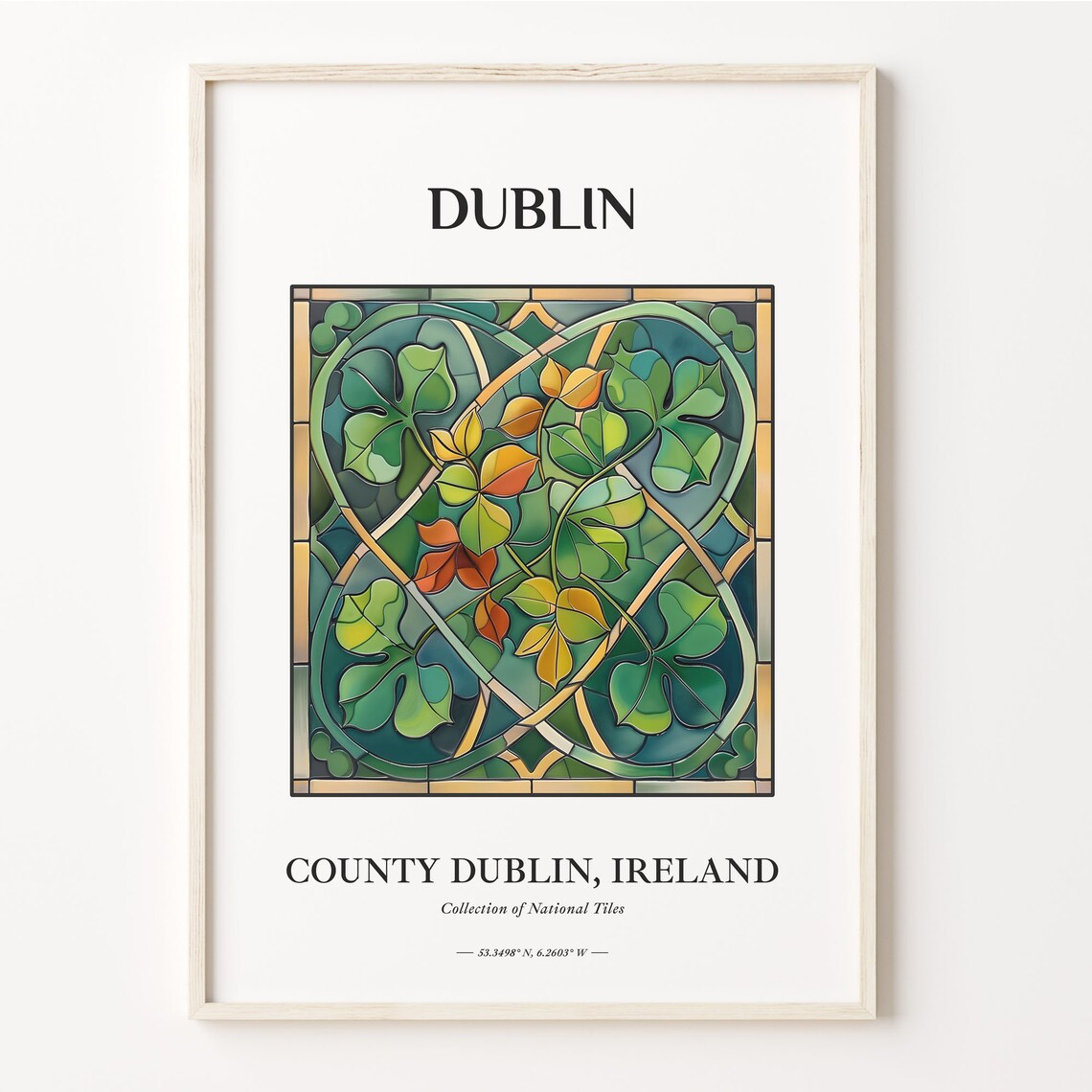 Dublin Ireland Shamrock Clover Stained Glass Tile Wall Poster