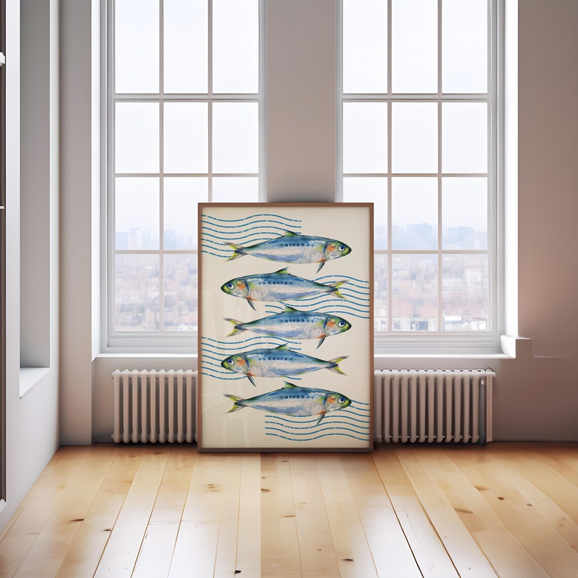 Swimming Sardines Watercolor Blue Waves Nautical Food Poster - Image 2