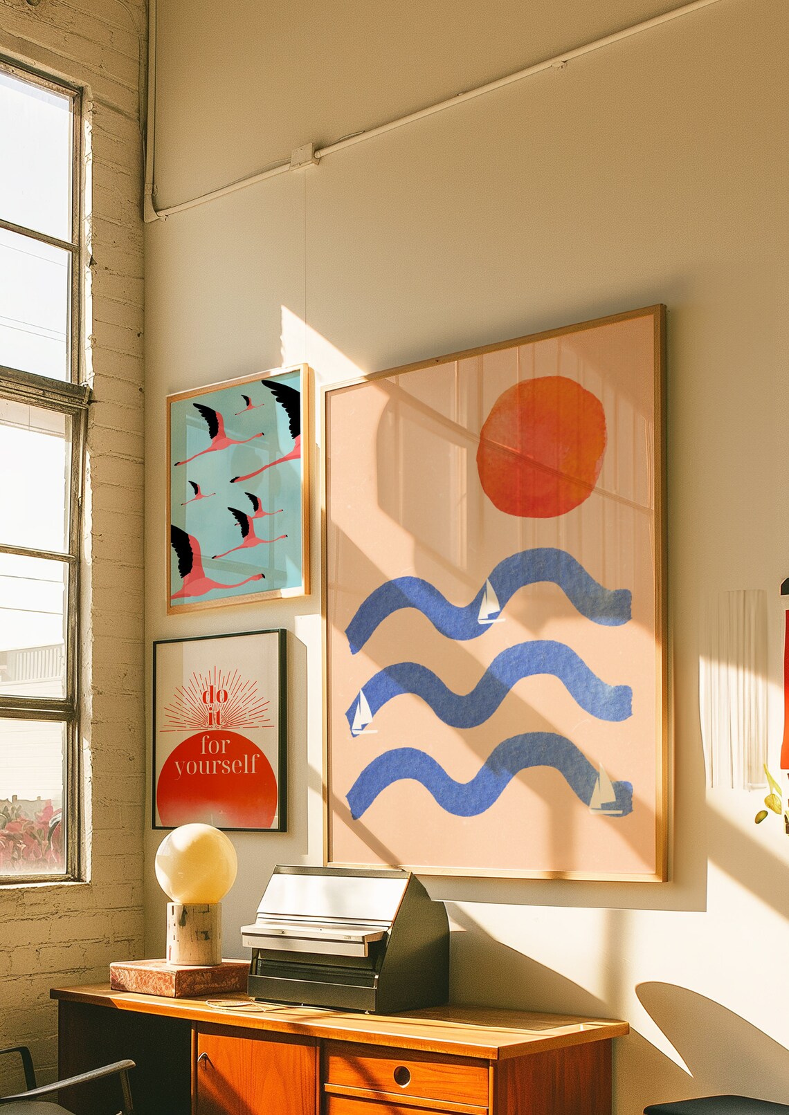 Abstract Sunset Waves with Sailboats Minimalist Seaside Wall Poster - Image 2