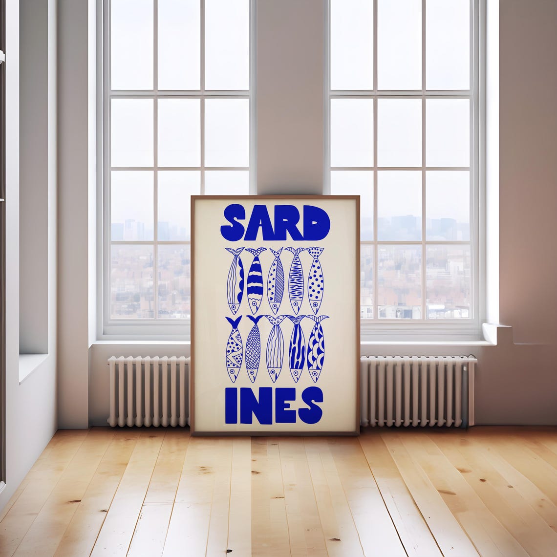 Blue Doodled Sardines Fish Nautical Bold Kitchen Coastal Wall Art - Image 2