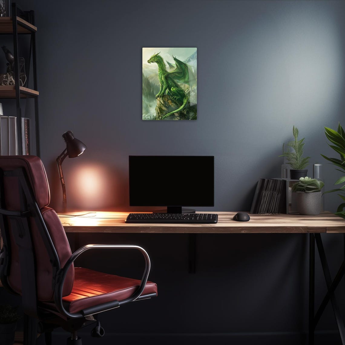 Green Dragon Perched On Rocky Cliff Misty Forest Valley Fantasy Poster - Image 2