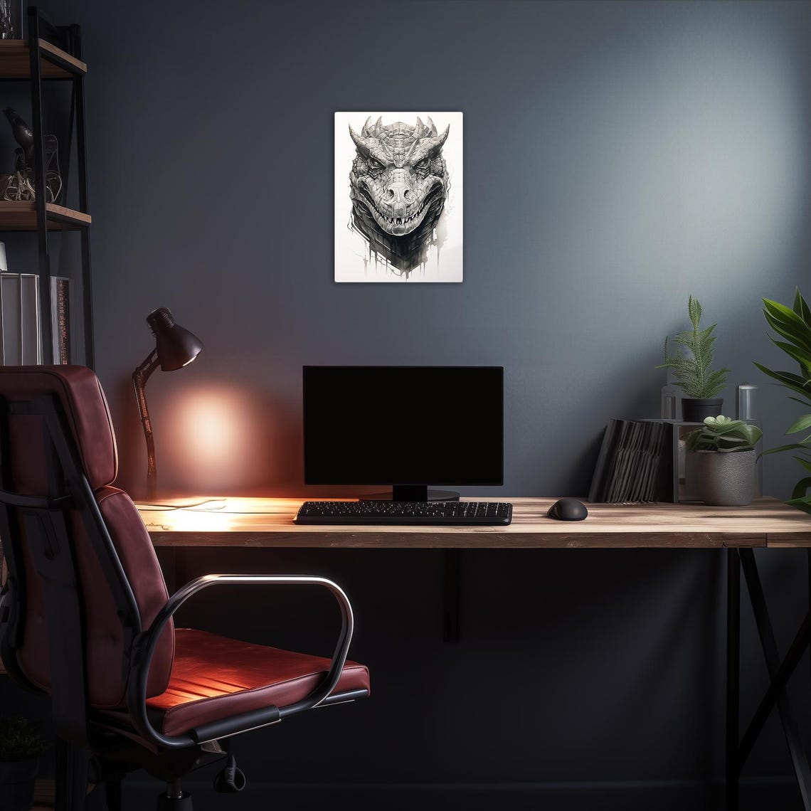 Dragon Head Front Facing Tattoo Style Black Ink Sketch Art Poster - Image 2