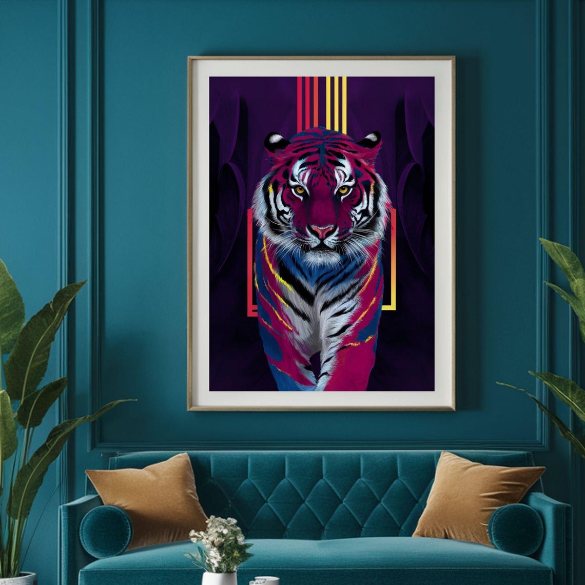 Neon Pink Blue Tiger Portrait Geometric Dark Jungle Art Poster - Image 4