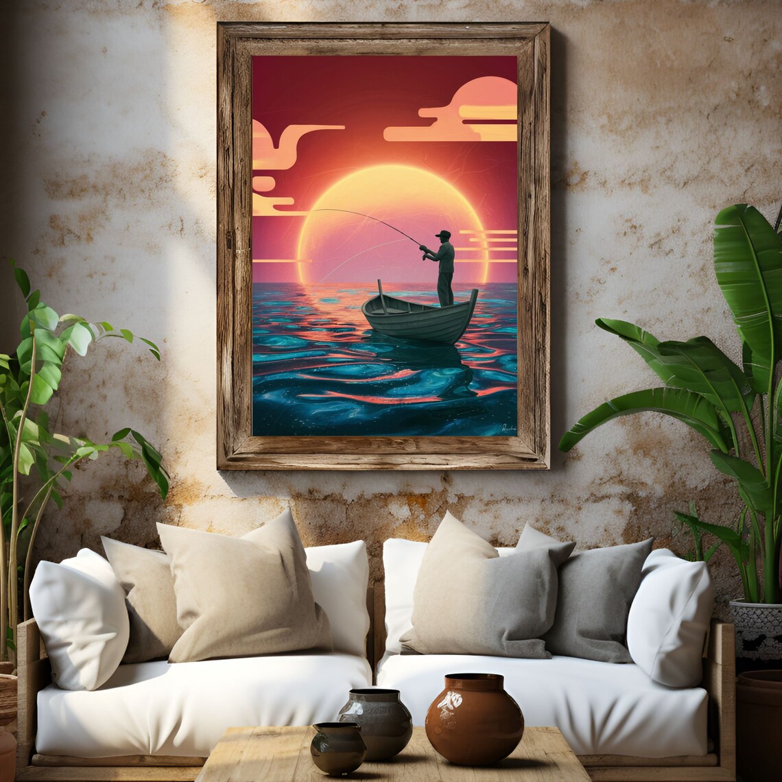 Fisherman In Boat Silhouette Giant Orange Sunset Ocean Art Poster - Image 4