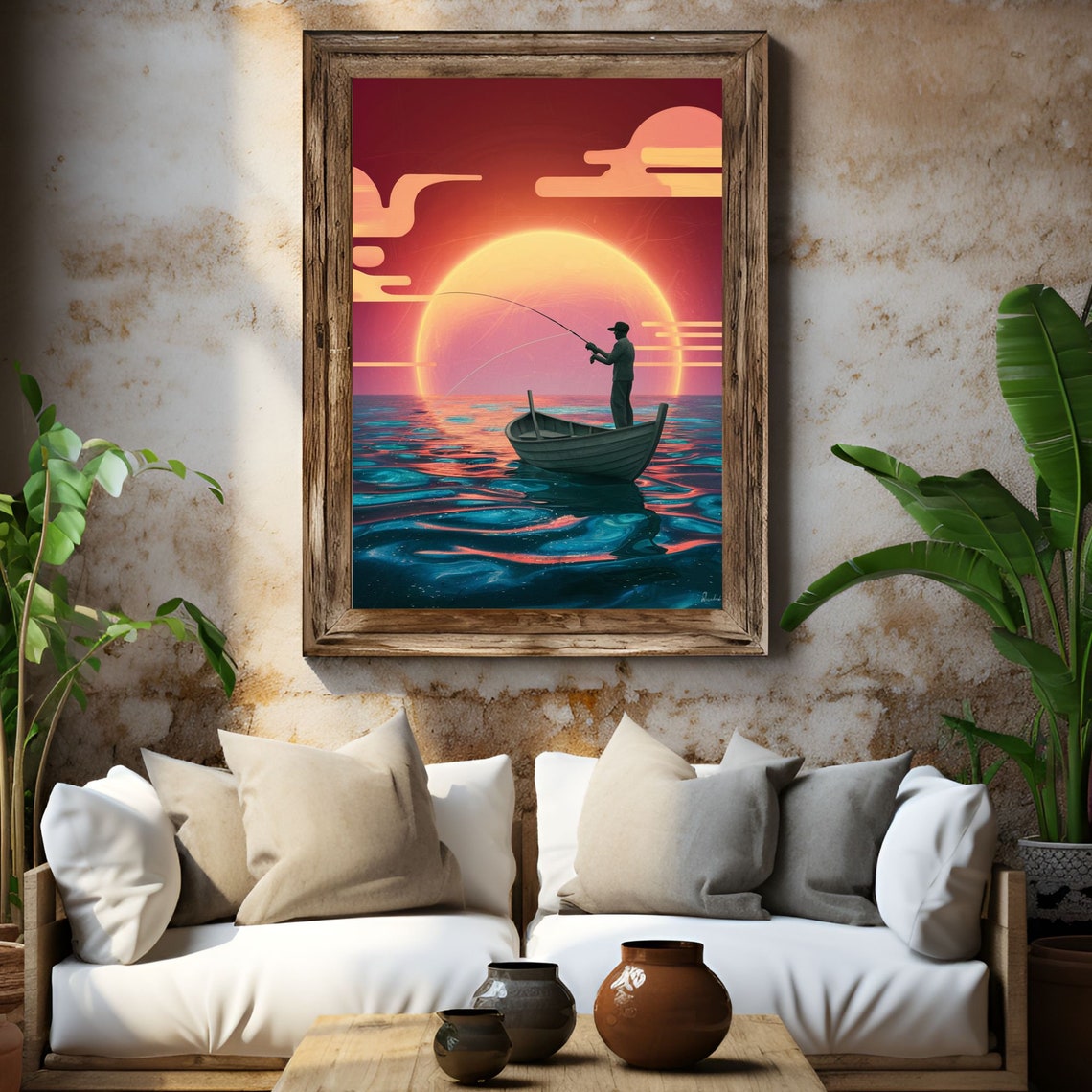 Fisherman On A Boat Print Art Art Fishing Print Decor Vintage Fisherman Boat Painting Sunset Wall Art - Image 4