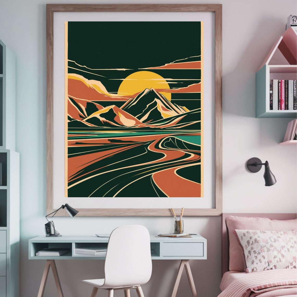 Retro Mountain Sunset Winding Road Valley Minimalist Nature Poster - Image 5