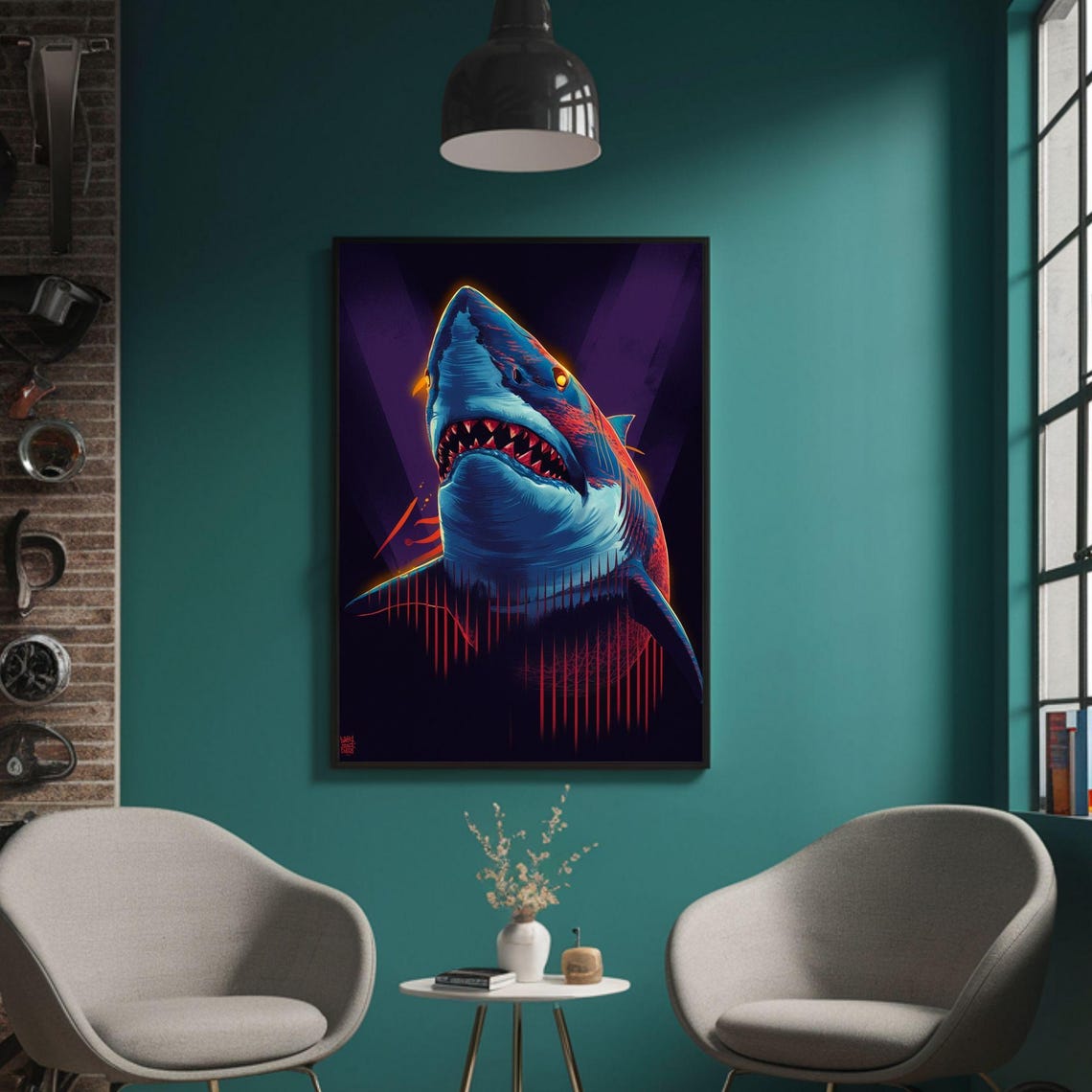 Great White Shark Pop Art Blue Red Fierce Sharp Teeth Ocean Poster - Image 3