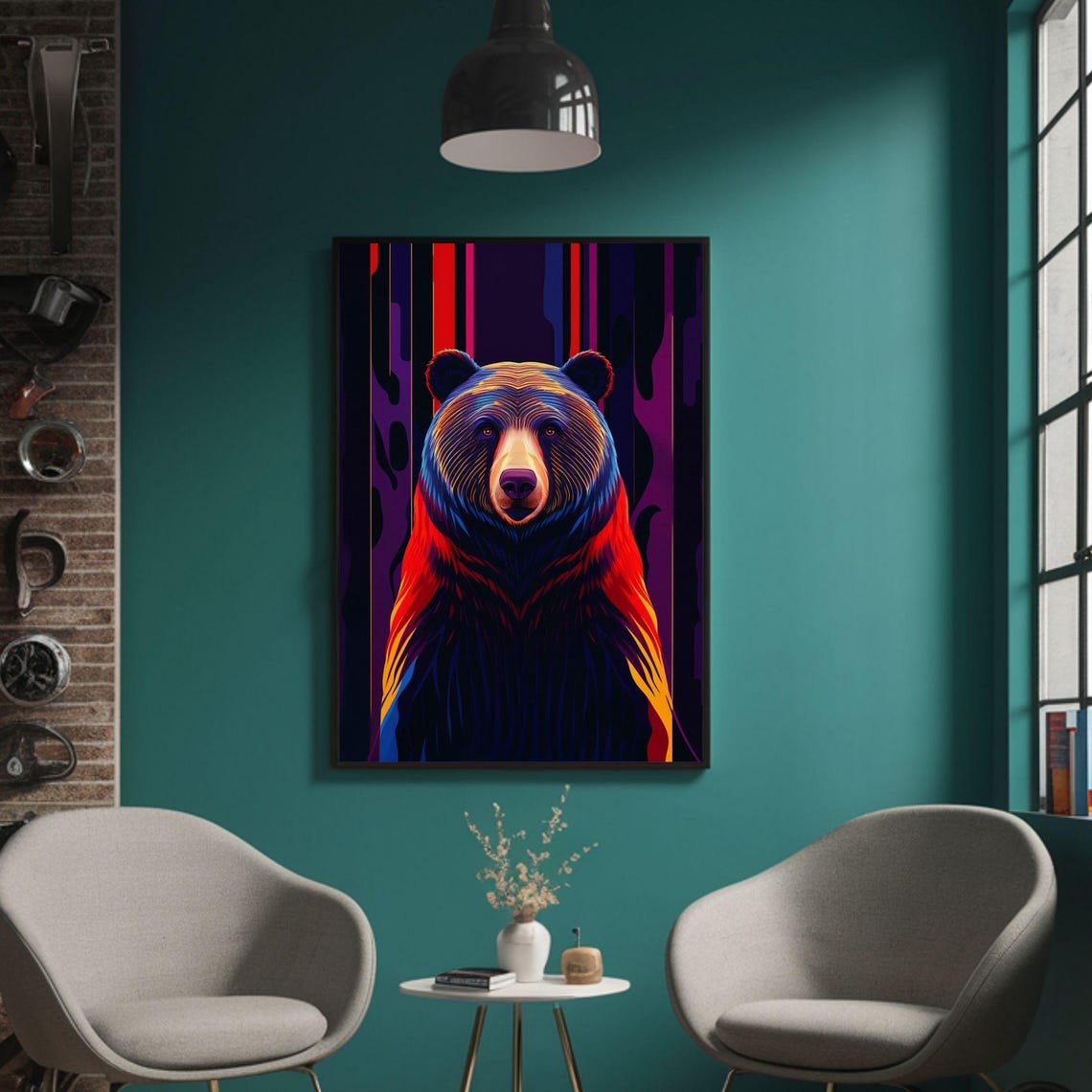 Neon Bear Portrait Red Blue Striped Modern Bold Wildlife Poster - Image 3