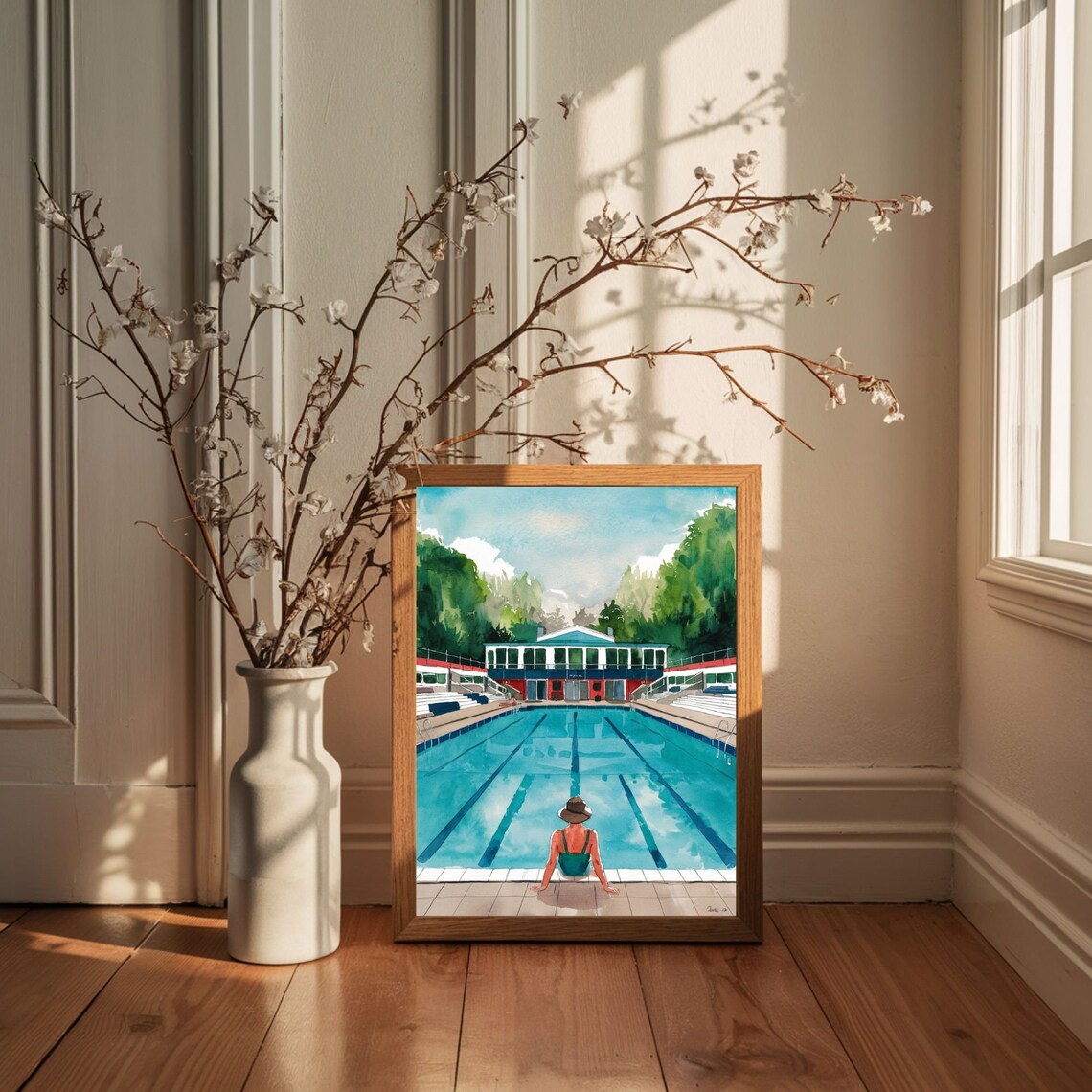 Girl In Sun Hat Sitting By Olympic Swimming Pool Watercolor Poster - Image 4