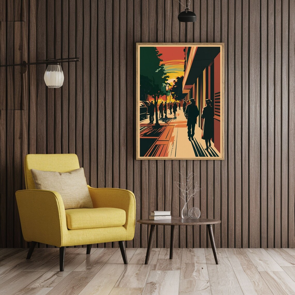 Retro City Street Sunset Crowd Silhouette Urban Scene Poster - Image 2