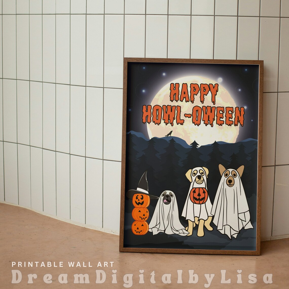 Happy Howl-Oween Costumed Dogs Under Full Moon Halloween Poster - Image 3