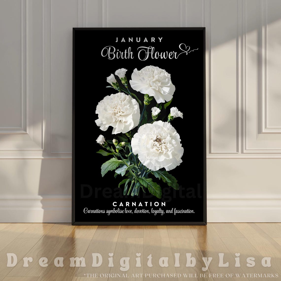 Elegant January Birth Flower Carnation White Botanical Floral Poster