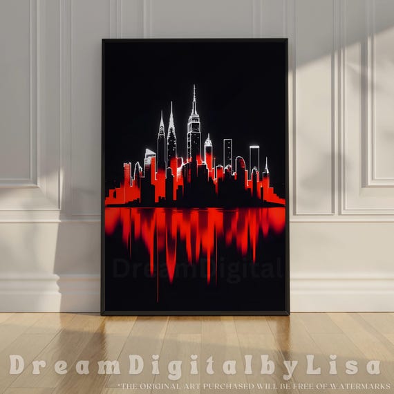 New York Skyline Urban Contemporary Print Black Red And White City Poster Trendy Bold Wall Art Print Nyc Gift Travel Poster