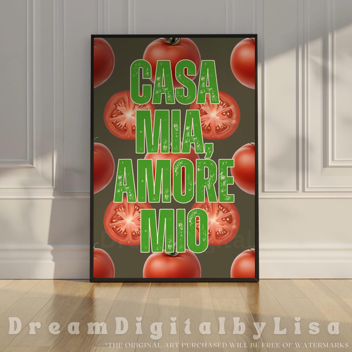 Casa Mia Amore Mio Green Text on Tomato Pattern Kitchen Art Poster