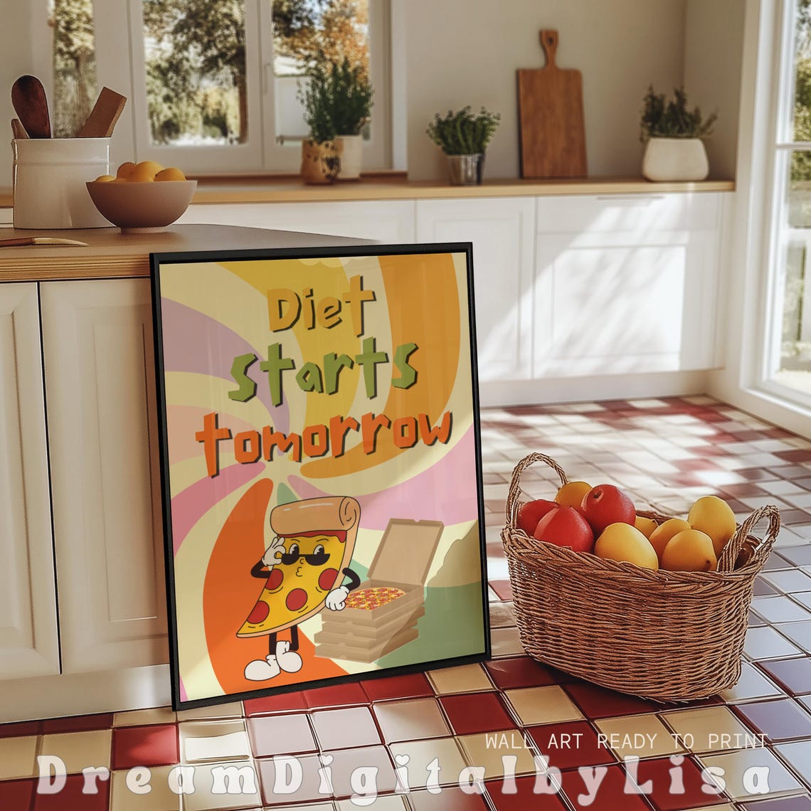 Diet Starts Tomorrow Fun Retro Bold Kitchen Wall Art Foodie Kitchen Gift Trendy Home Decor Pizza Print Instant - Image 2