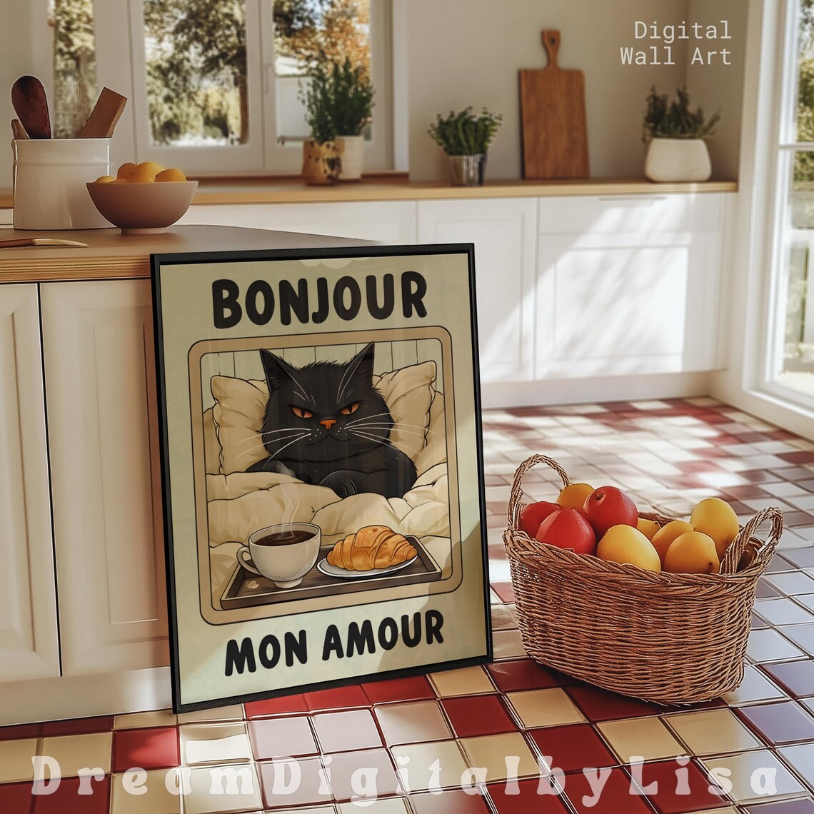 Bonjour Mon Amour Grumpy Black Cat In Bed French Kitchen Poster - Image 2