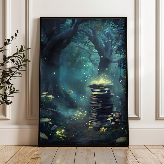 Enchanted Forest Glowing Books Mushrooms Fantasy Reading Poster