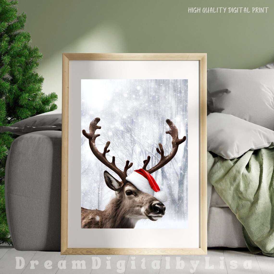 Reindeer Wearing Santa Hat in Snowy Forest Christmas Art Poster - Image 2