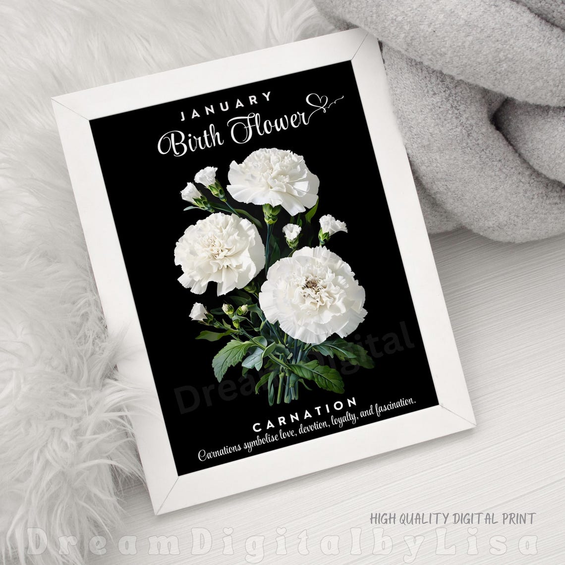 Elegant January Birth Flower Carnation White Botanical Floral Poster - Image 2