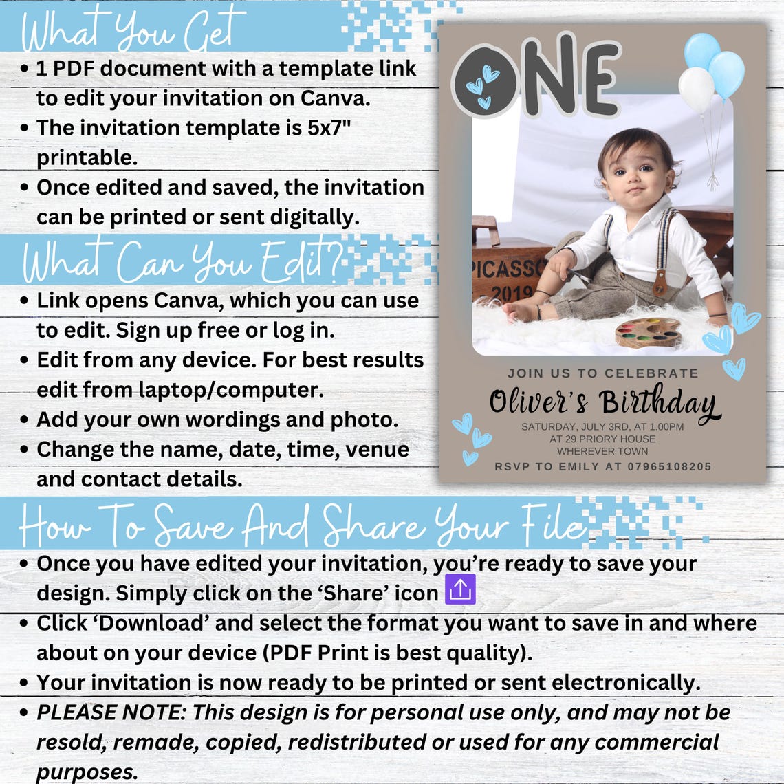 Editable First Birthday Invitation Card Photo Blue Balloon Party Print - Image 2