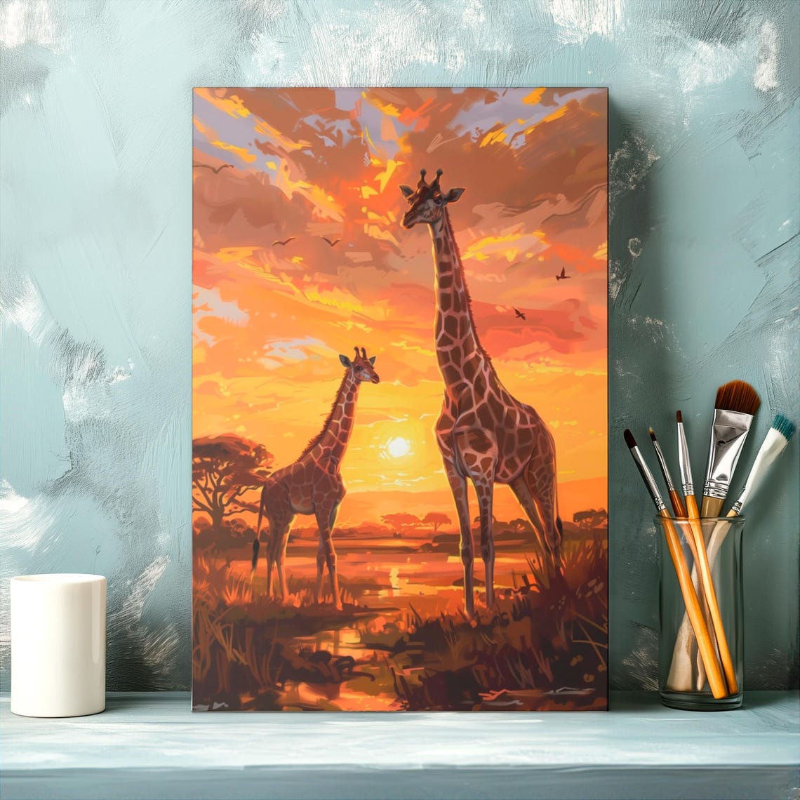 Two Giraffes Watching The Sunset Over African Savannah Poster