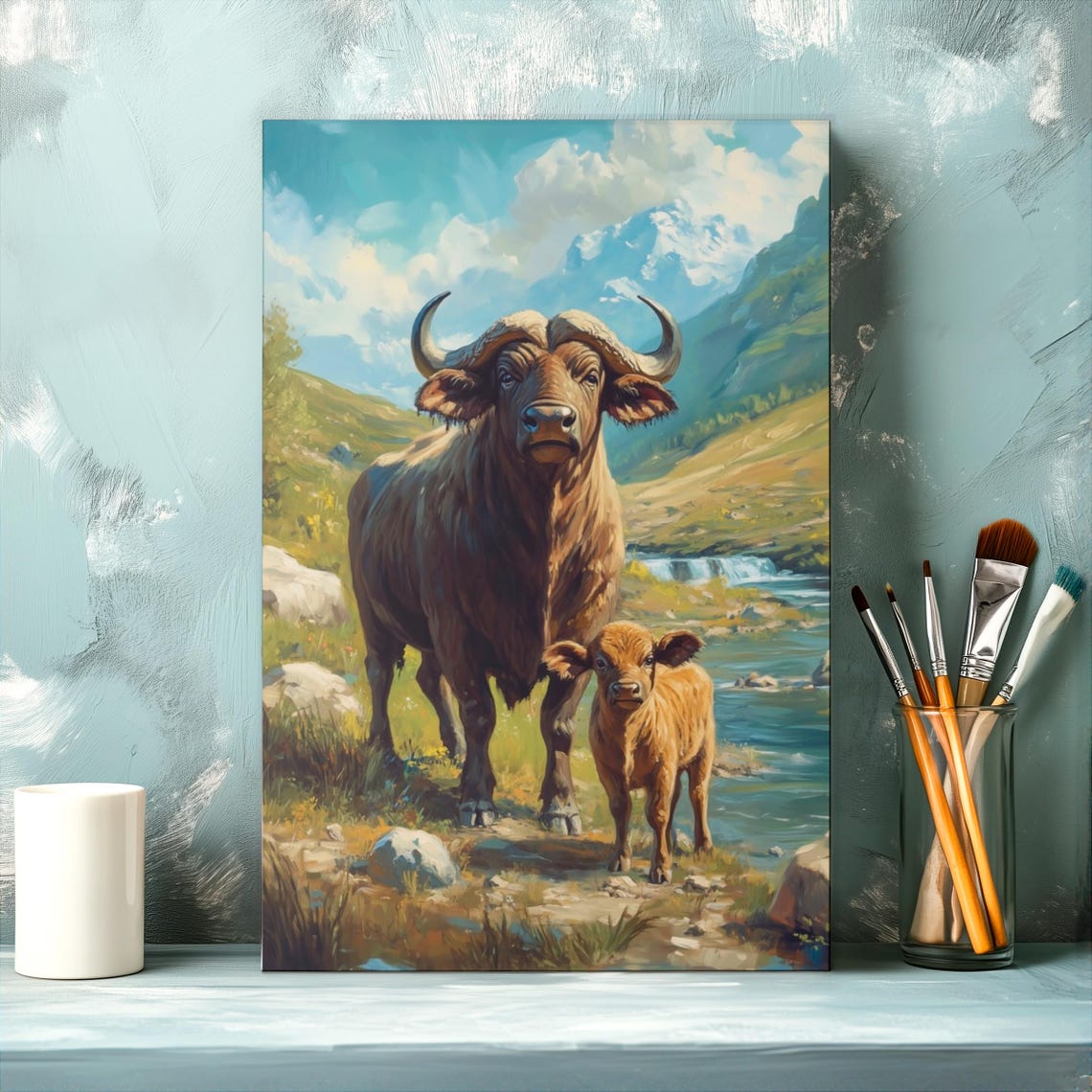 Majestic Buffalo And Calf Wading Beside A Mountain Stream Poster