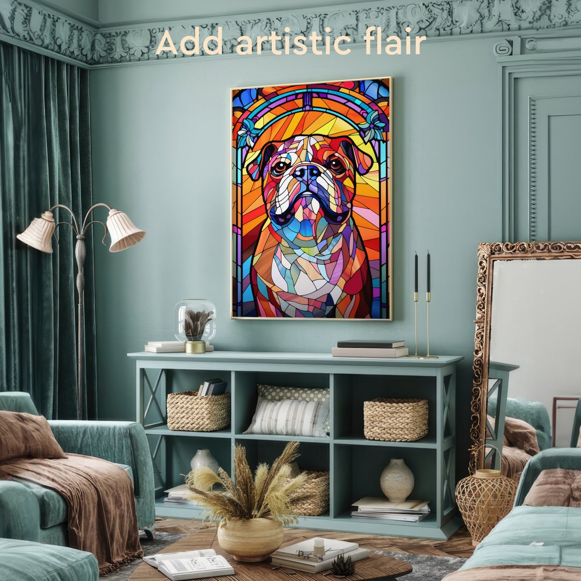 Stained Glass Bulldog Portrait Colorful Gothic Window Dog Art Poster - Image 2
