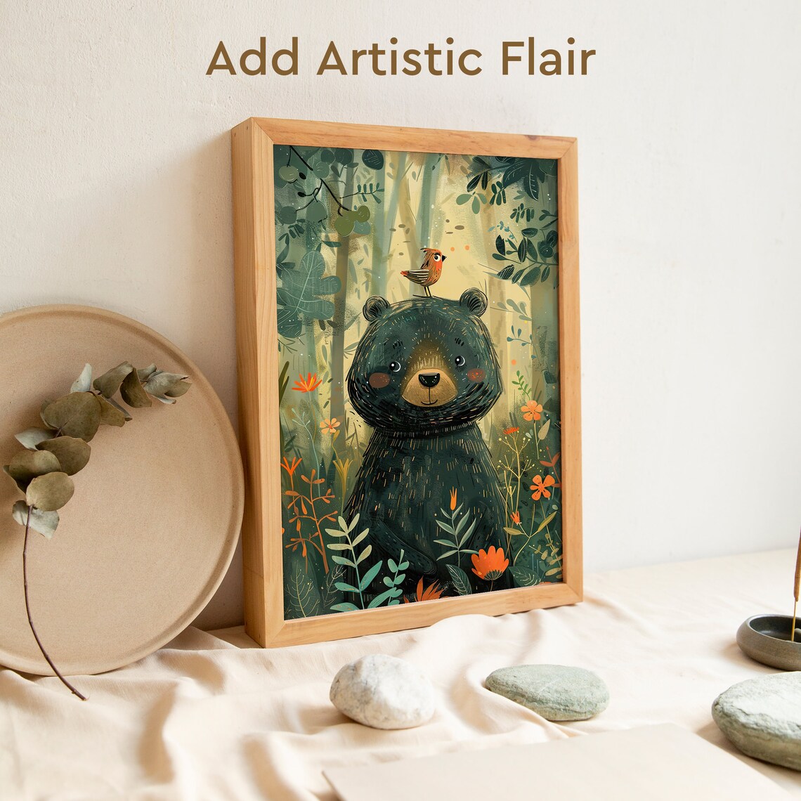 Joyful Bear And Bird Wildlife Nursery Art Print - Image 2