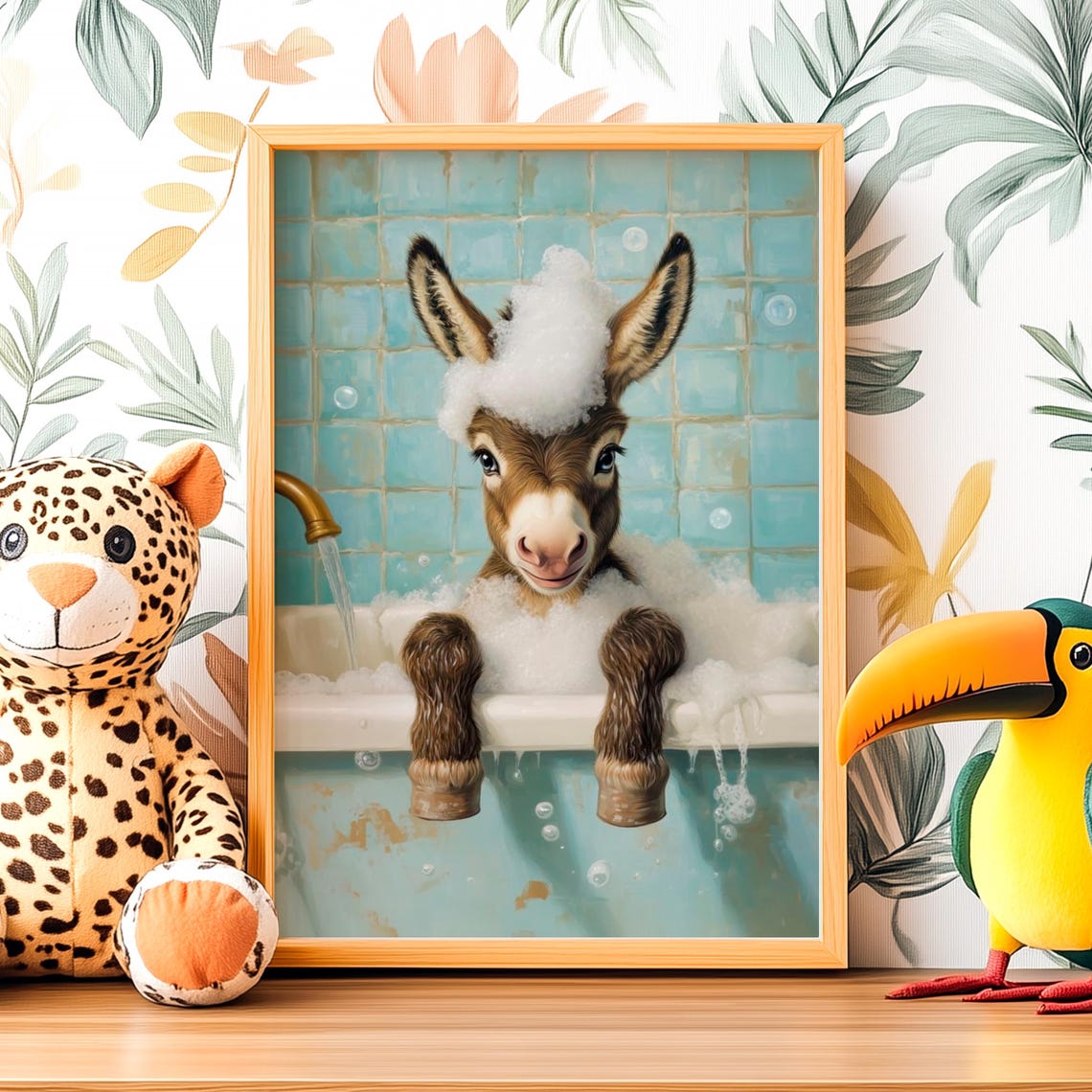 Adorable Baby Donkey Bubble Bath With Foam Hat Portrait Poster