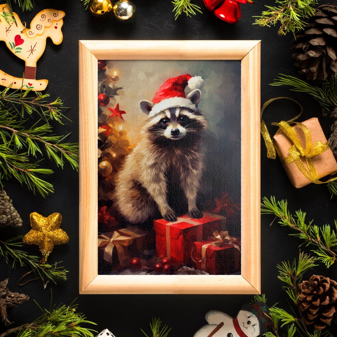 Raccoon Santa Hat Christmas Gifts Tree Holiday Jigsaw Puzzle Poster