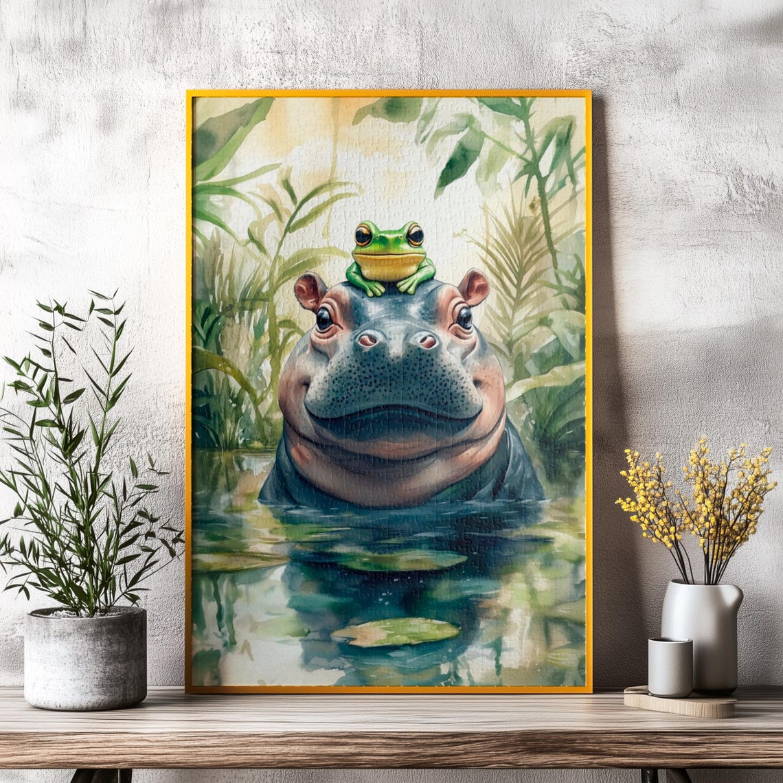 Smiling Baby Hippo In Water With A Frog Resting On Its Head Poster