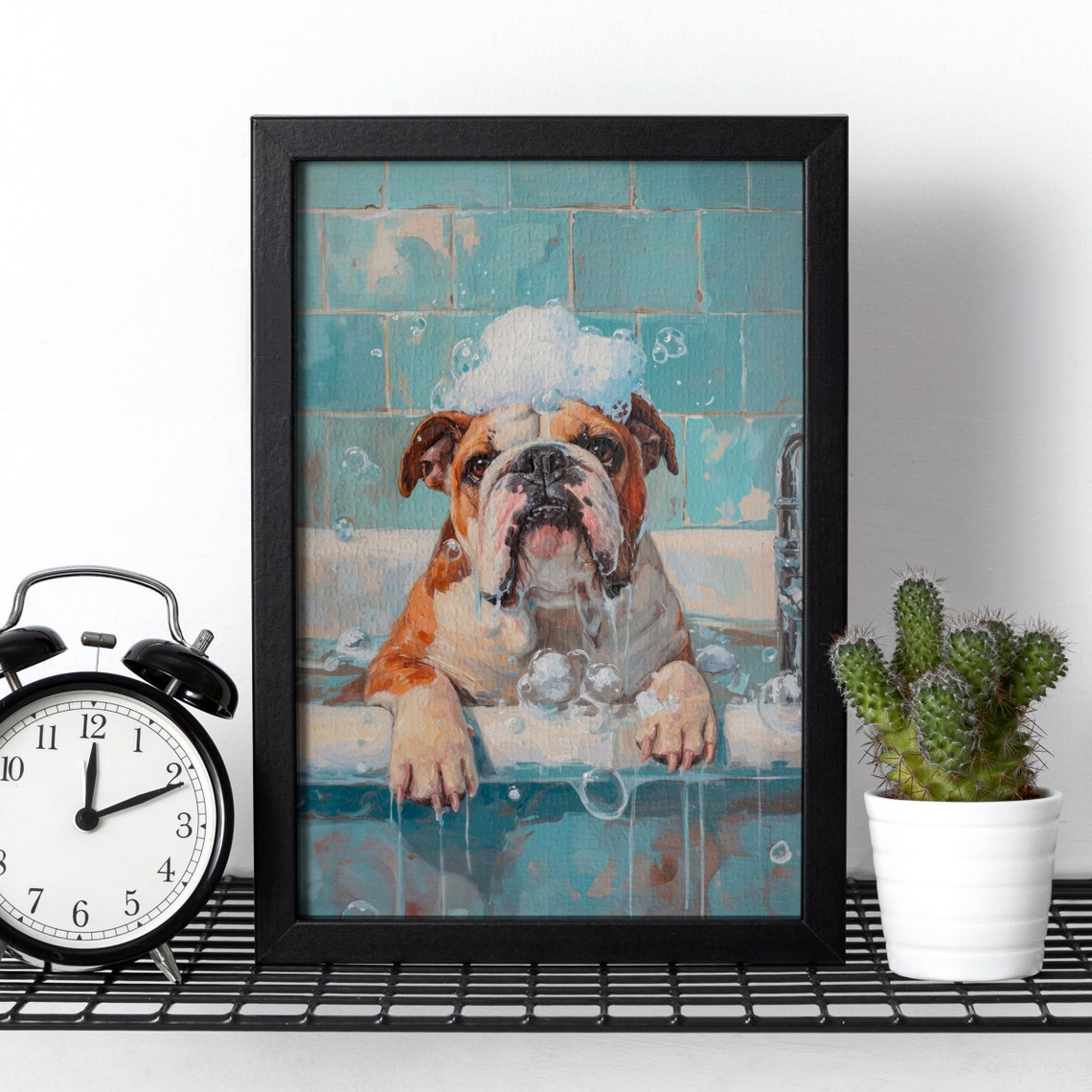 English Bulldog Taking a Soapy Bubble Bath in a Tiled Tub Poster