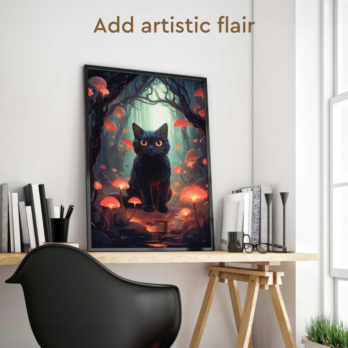 Black Cat Glowing Mushroom Forest Night Magical Red Cap Fungi Poster - Image 2