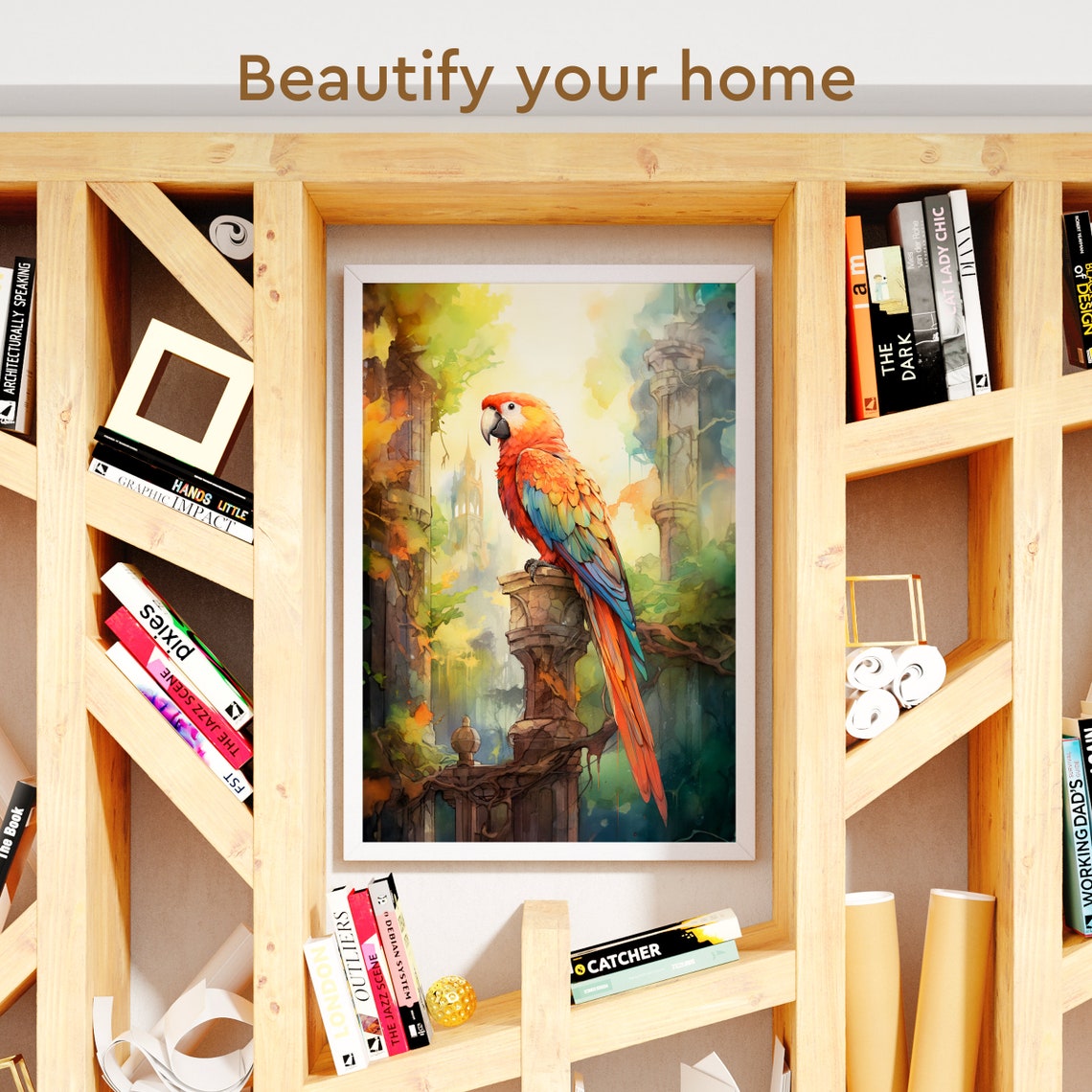 Scarlet Macaw Parrot Ancient Ruins Mystical Forest Watercolor Poster - Image 3