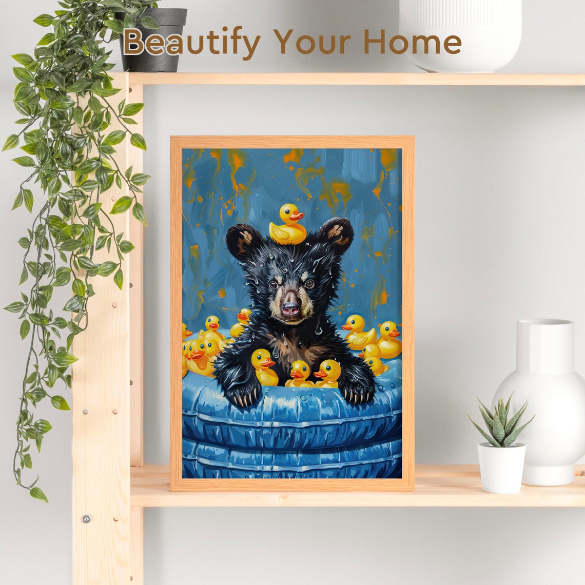 Bear Cub Splashing in a Pool Full of Yellow Rubber Ducks Poster - Image 3